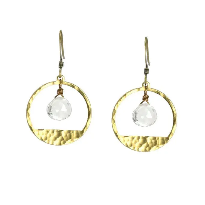 Edgy Petal - Earrings - Hammered Geometric Circle (Clear Quartz) #Q-14
