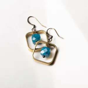 Edgy Petal - Earrings - Raw Brass Square (Apatite Cube) #AP-24