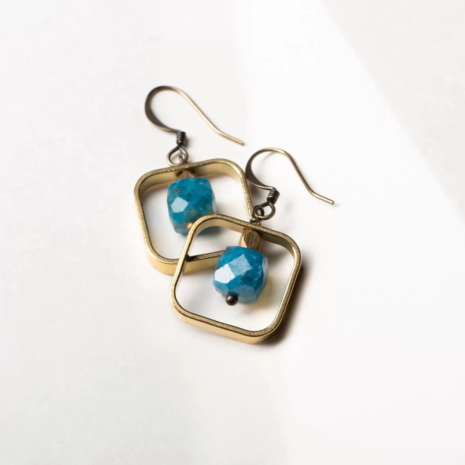 Edgy Petal - Earrings - Raw Brass Square (Apatite Cube) #AP-24