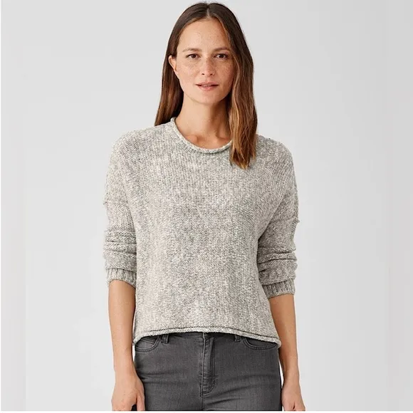 Eileen Fisher Peruvian Crimp Crew Neck Sweater Gray/White,Size XS/TP