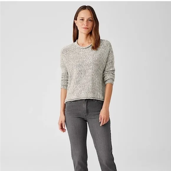 Eileen Fisher Peruvian Crimp Crew Neck Sweater Gray/White,Size XS/TP