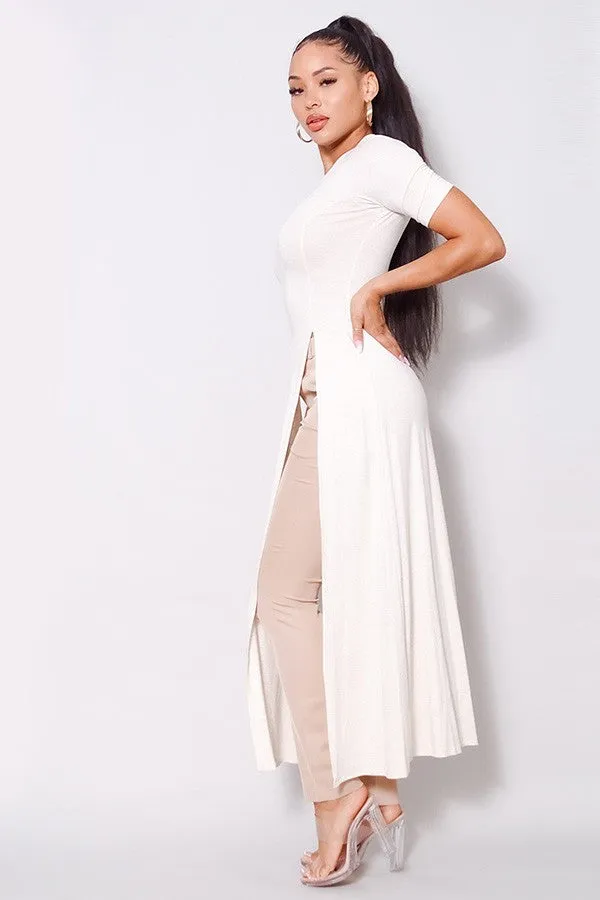 Elbow Sleeve Maxi Tank Top With Side Slits