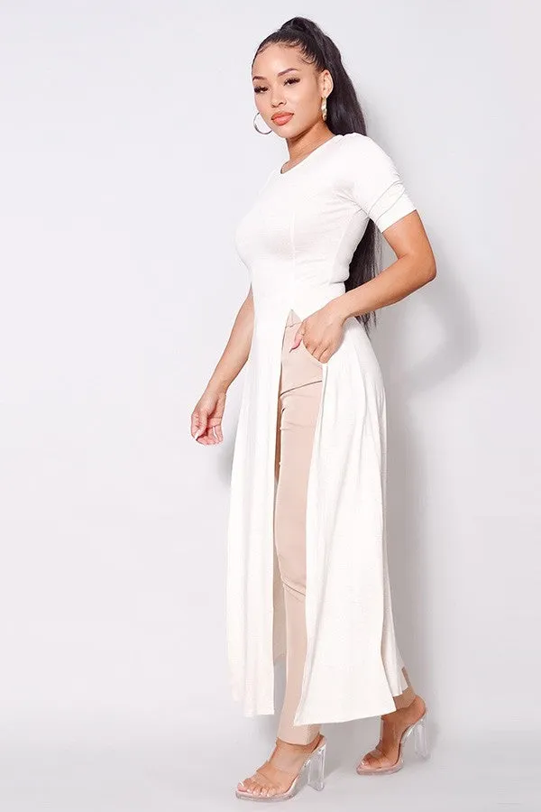 Elbow Sleeve Maxi Tank Top With Side Slits