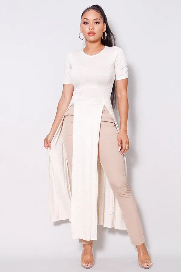 Elbow Sleeve Maxi Tank Top With Side Slits