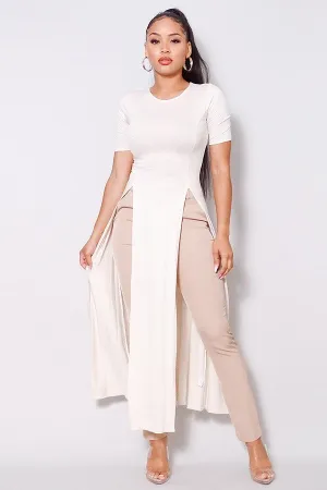 Elbow Sleeve Maxi Tank Top With Side Slits