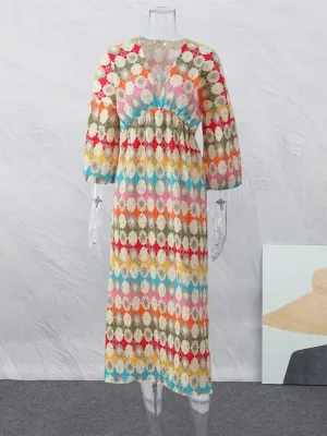 Elegant Vintage V-Neck Printed Maxi Dress Chic High Waist Lantern Half Sleeve Long Dress Vacation Dress
