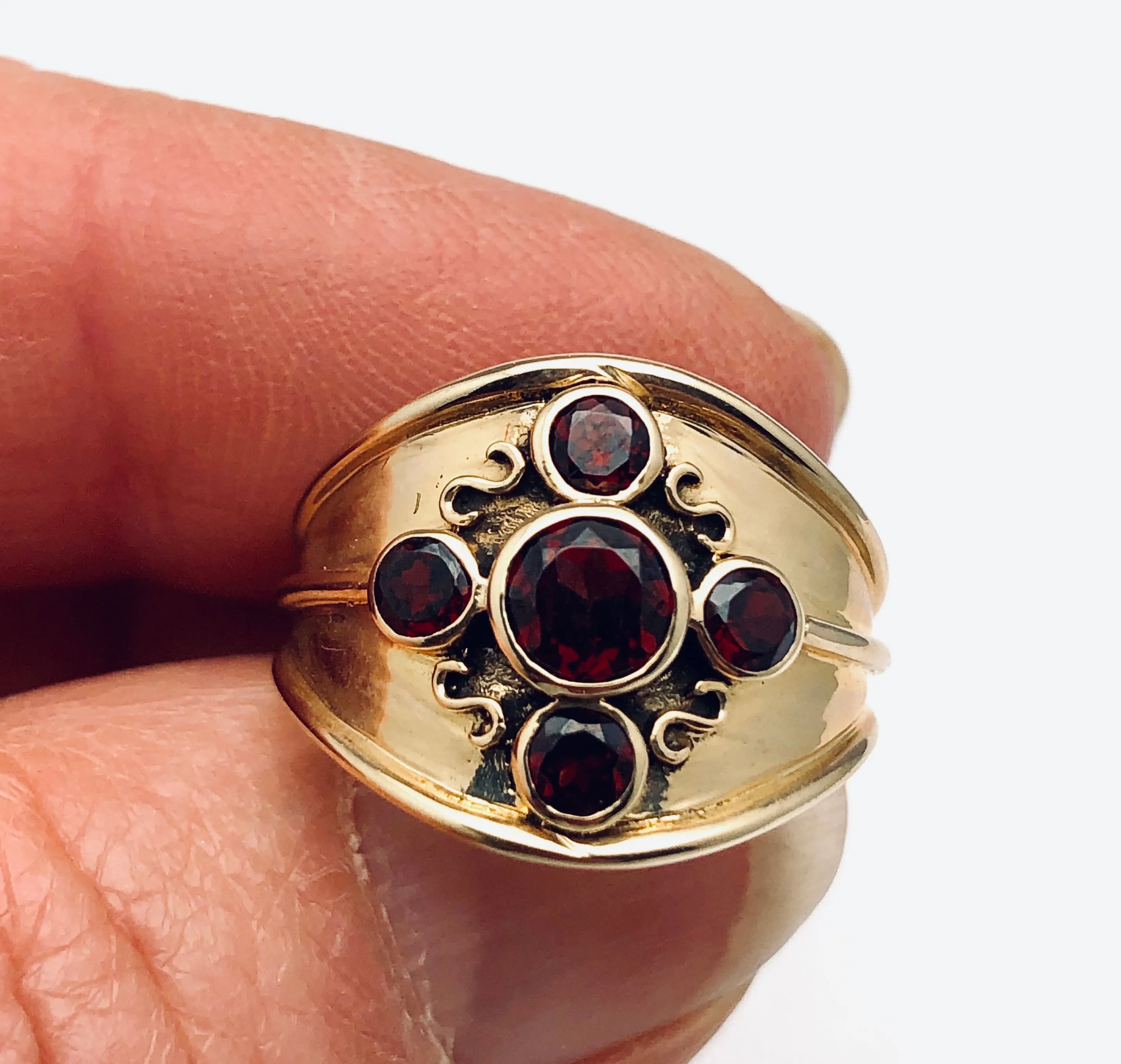 English Hand Crafted Five Garnet Ring 18K