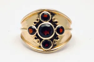 English Hand Crafted Five Garnet Ring 18K