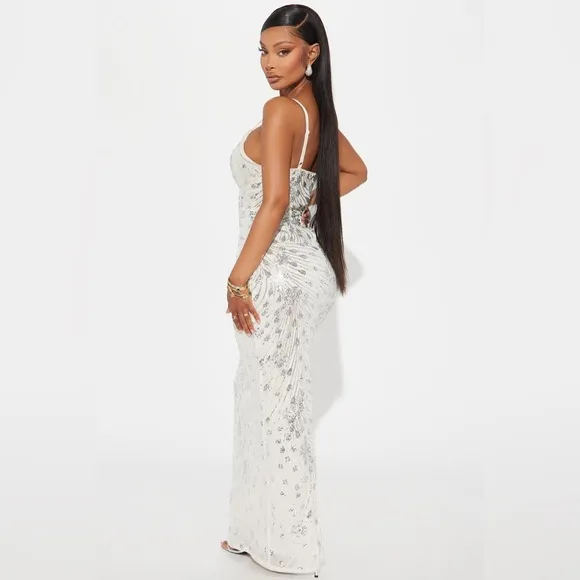 Fashion Nova Adriana Silver Sequin Maxi Dress Silver - Size Small