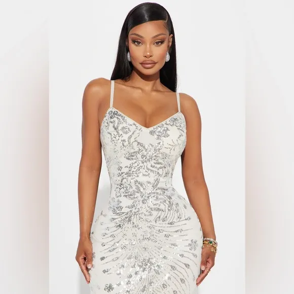 Fashion Nova Adriana Silver Sequin Maxi Dress Silver - Size Small
