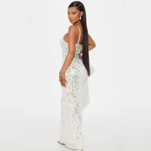 Fashion Nova Adriana Silver Sequin Maxi Dress Silver - Size Small