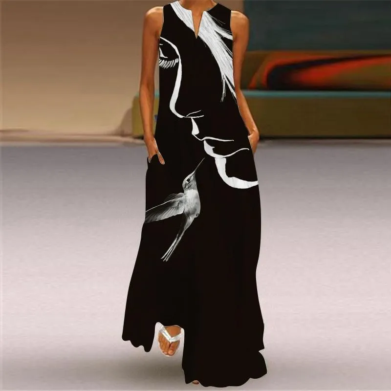 Fashion Women Face Print Loose Long Maxi Dresses