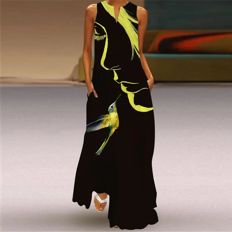 Fashion Women Face Print Loose Long Maxi Dresses