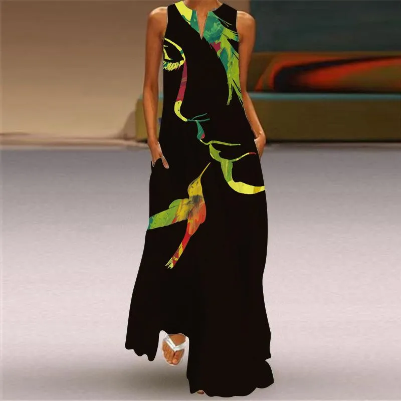 Fashion Women Face Print Loose Long Maxi Dresses