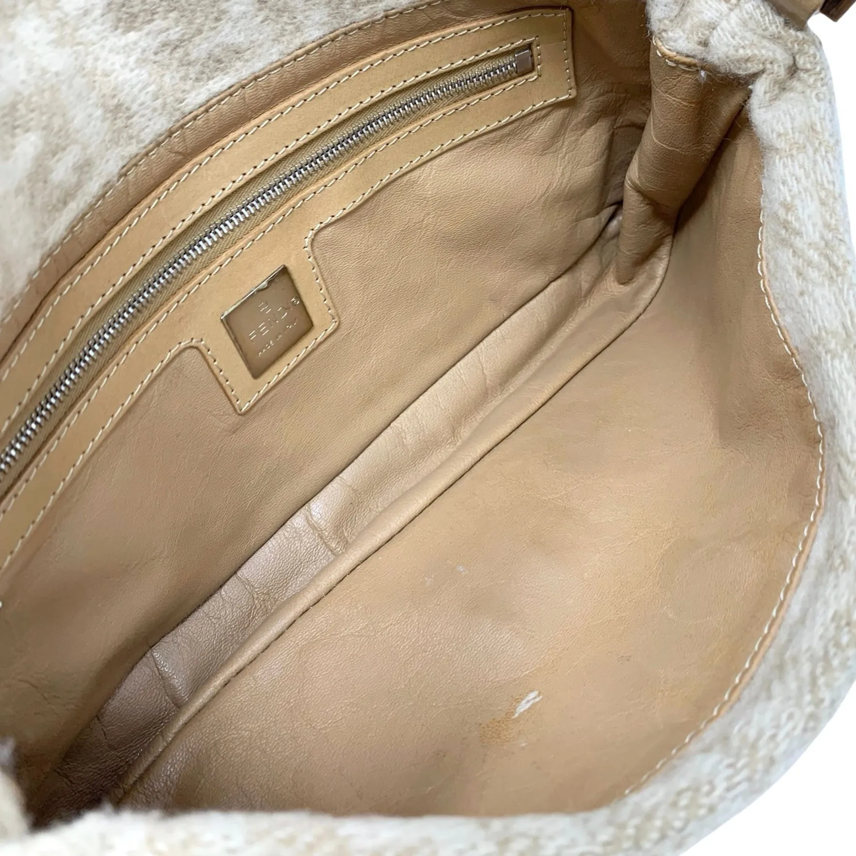 Fendi Beige Wool Logo Baguette Bag