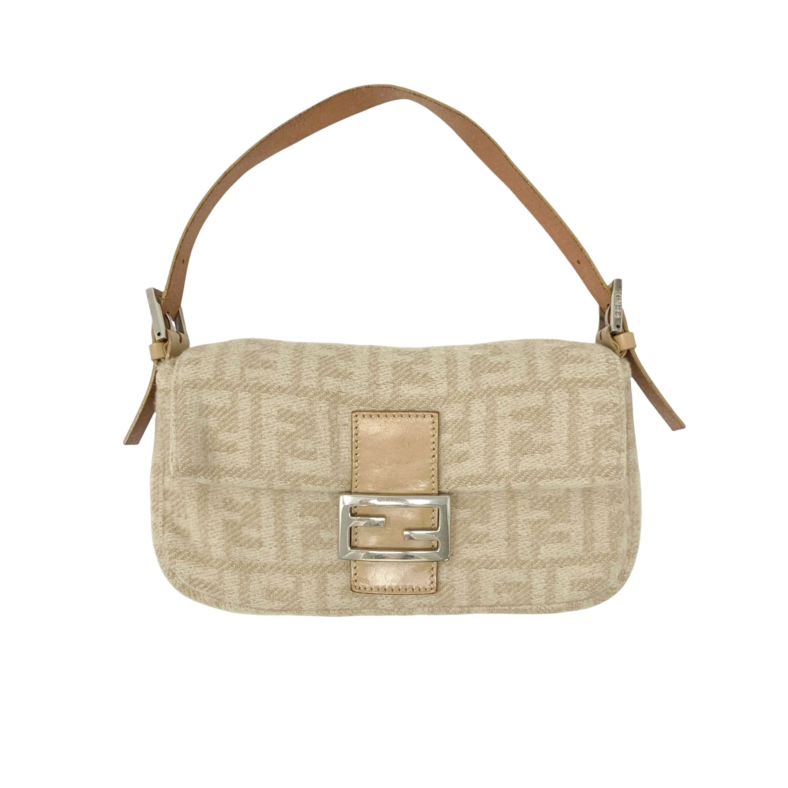 Fendi Beige Wool Logo Baguette Bag