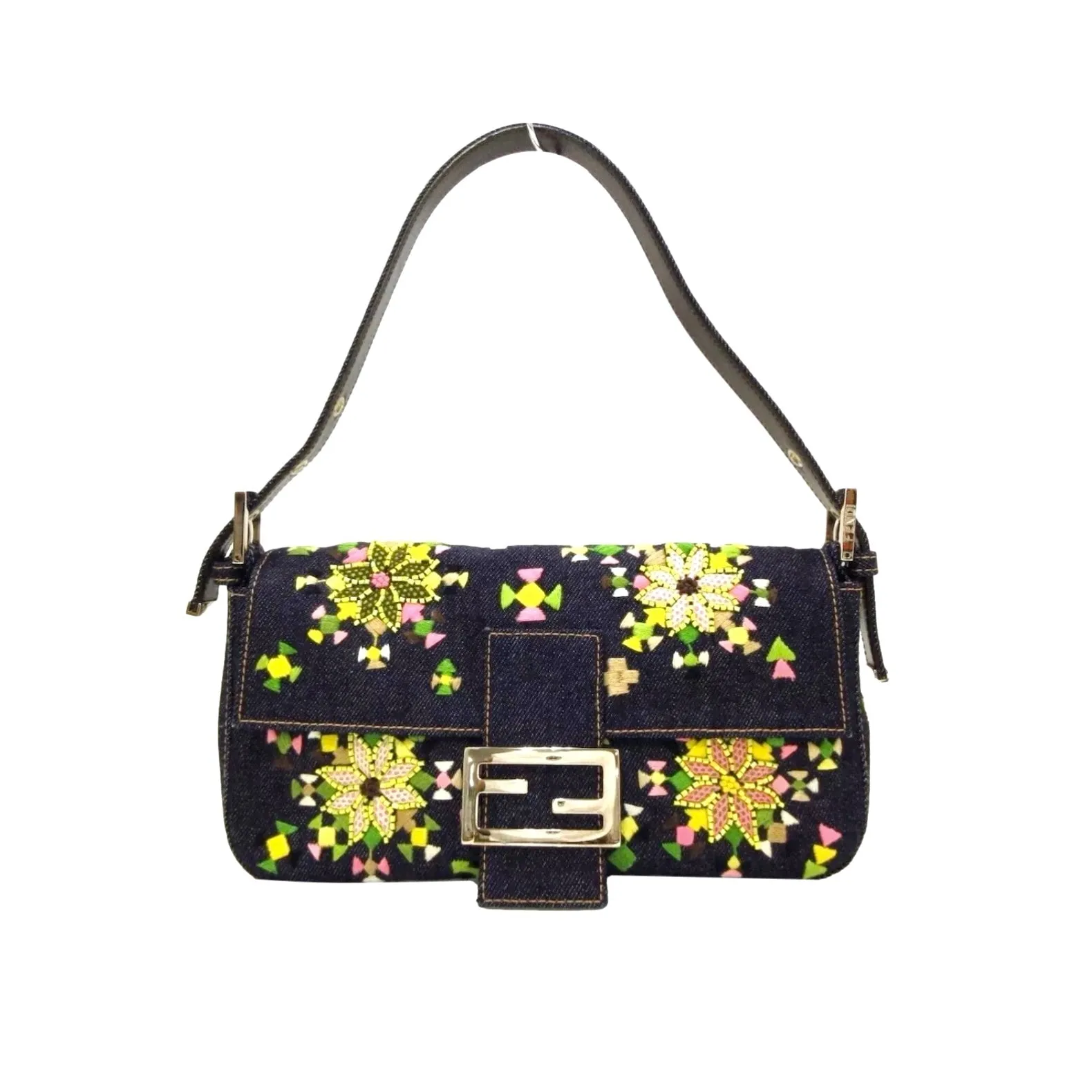Fendi Denim Embroidered Baguette Bag