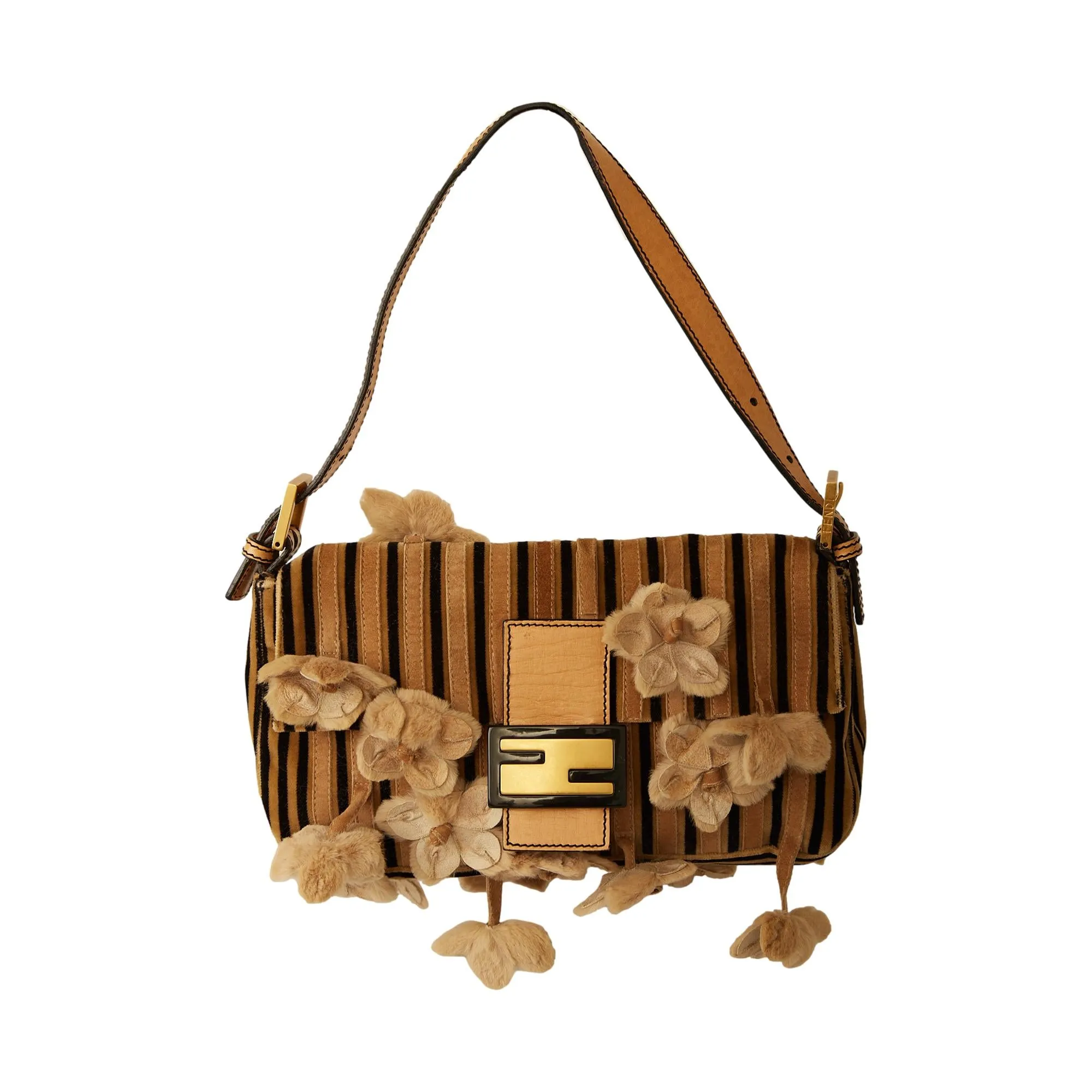 Fendi Striped Fur Flower Baguette