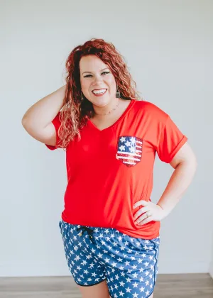 Flag Sequin Pocket Tee- Red