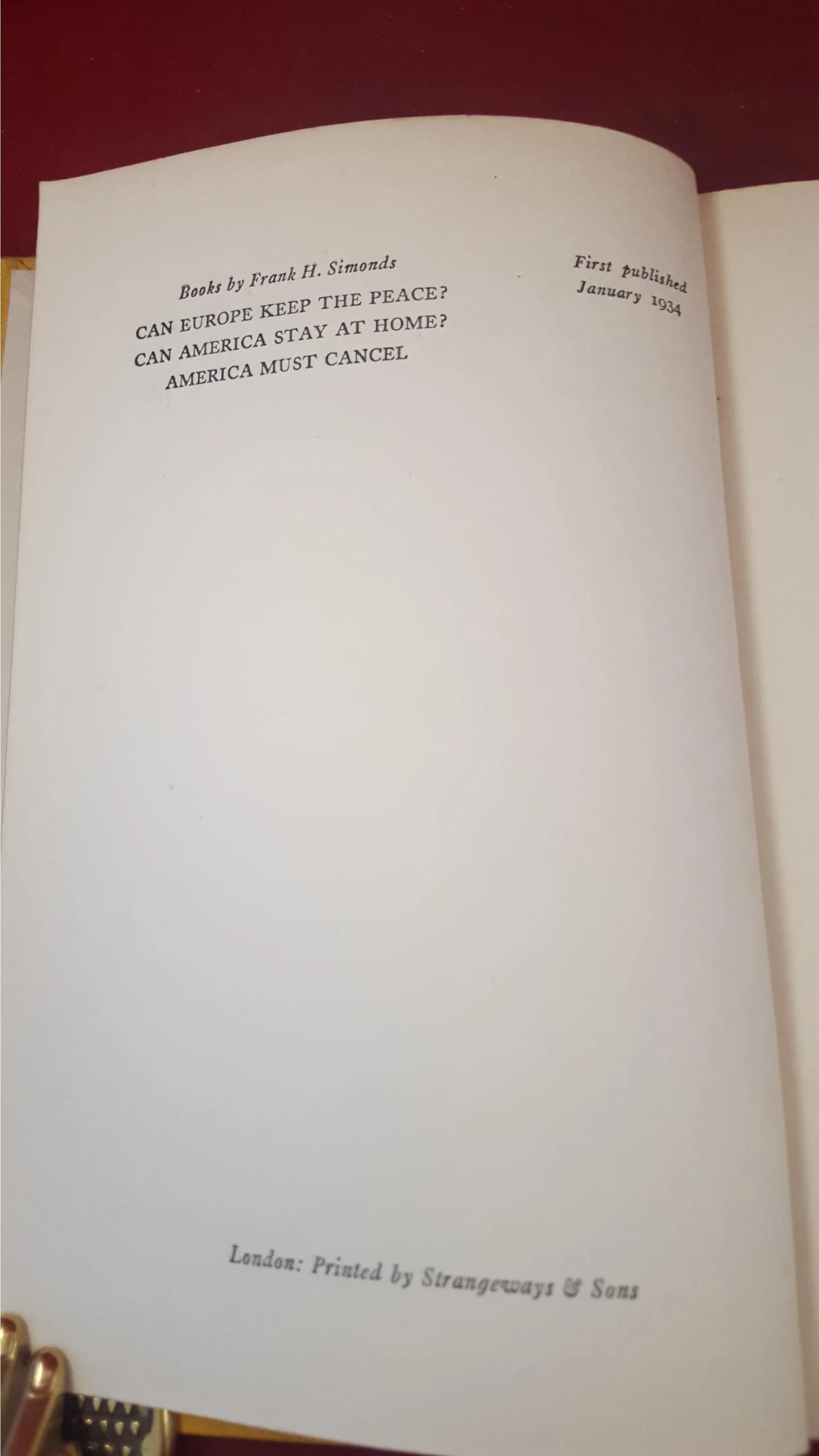 Frank H Simonds - America And The Next War, Hamish Hamilton, 1934