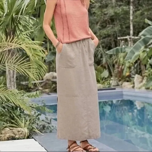 Garnet Hill Seaside Linen Maxi Skirt Khaki 100% Linen Maxi Skirt Size 18 Pockets