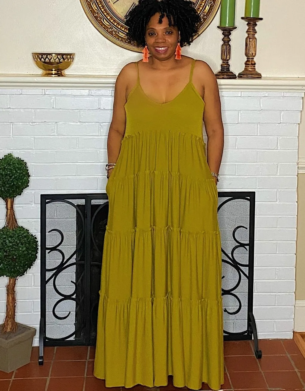 ‘Gianna’ Tiered Maxi Olive Mustard Curvy