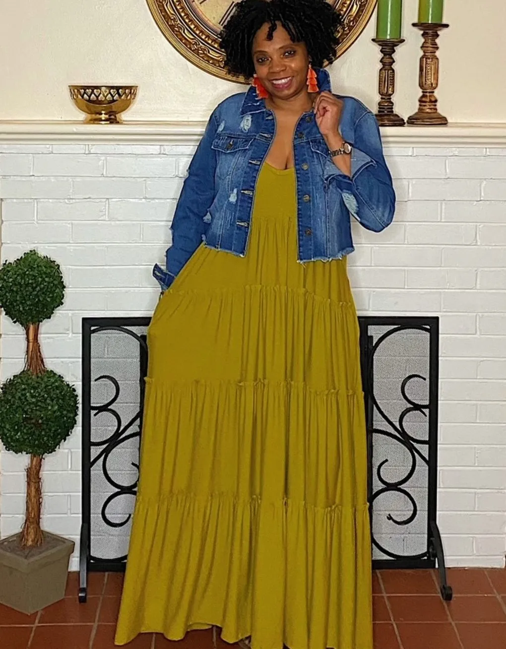 ‘Gianna’ Tiered Maxi Olive Mustard Curvy