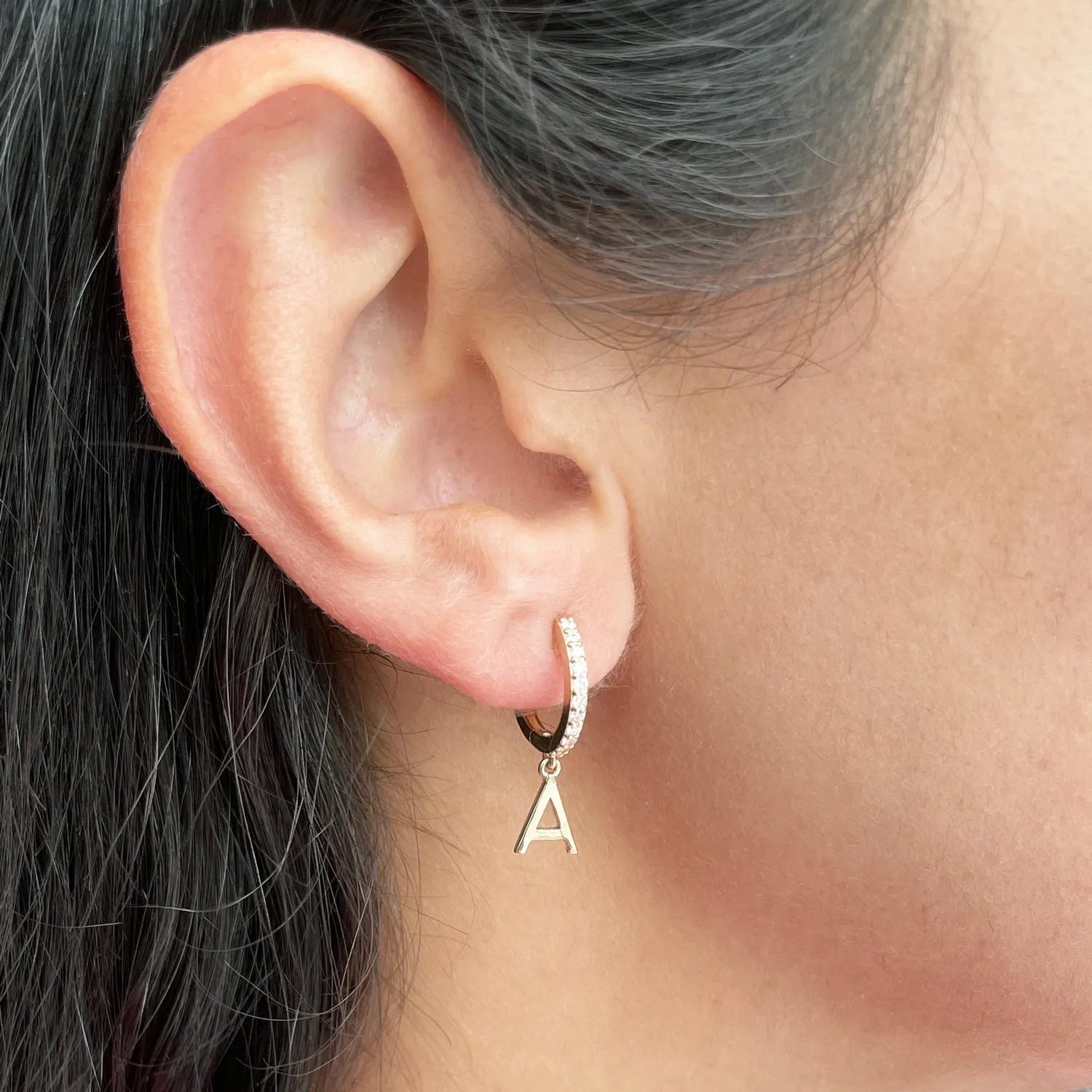 Gold Initial Drop Diamond Huggie Earrings