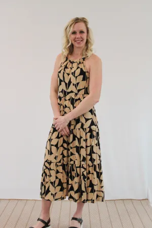 GRACIA ABSTRACT HALTER TIERED MIDI DRESS