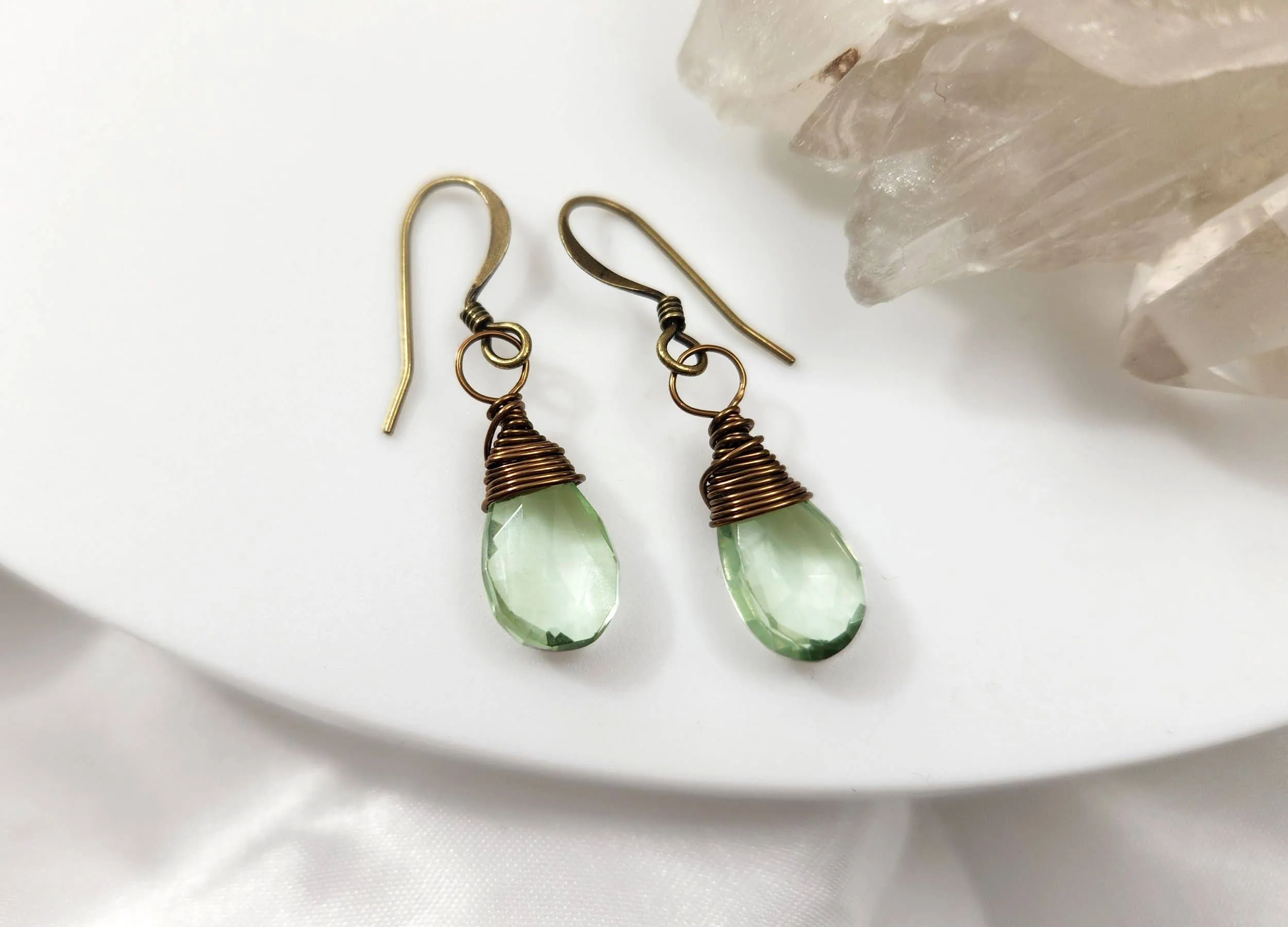 Green Amethyst Wire Wrapped Droplet Earrings