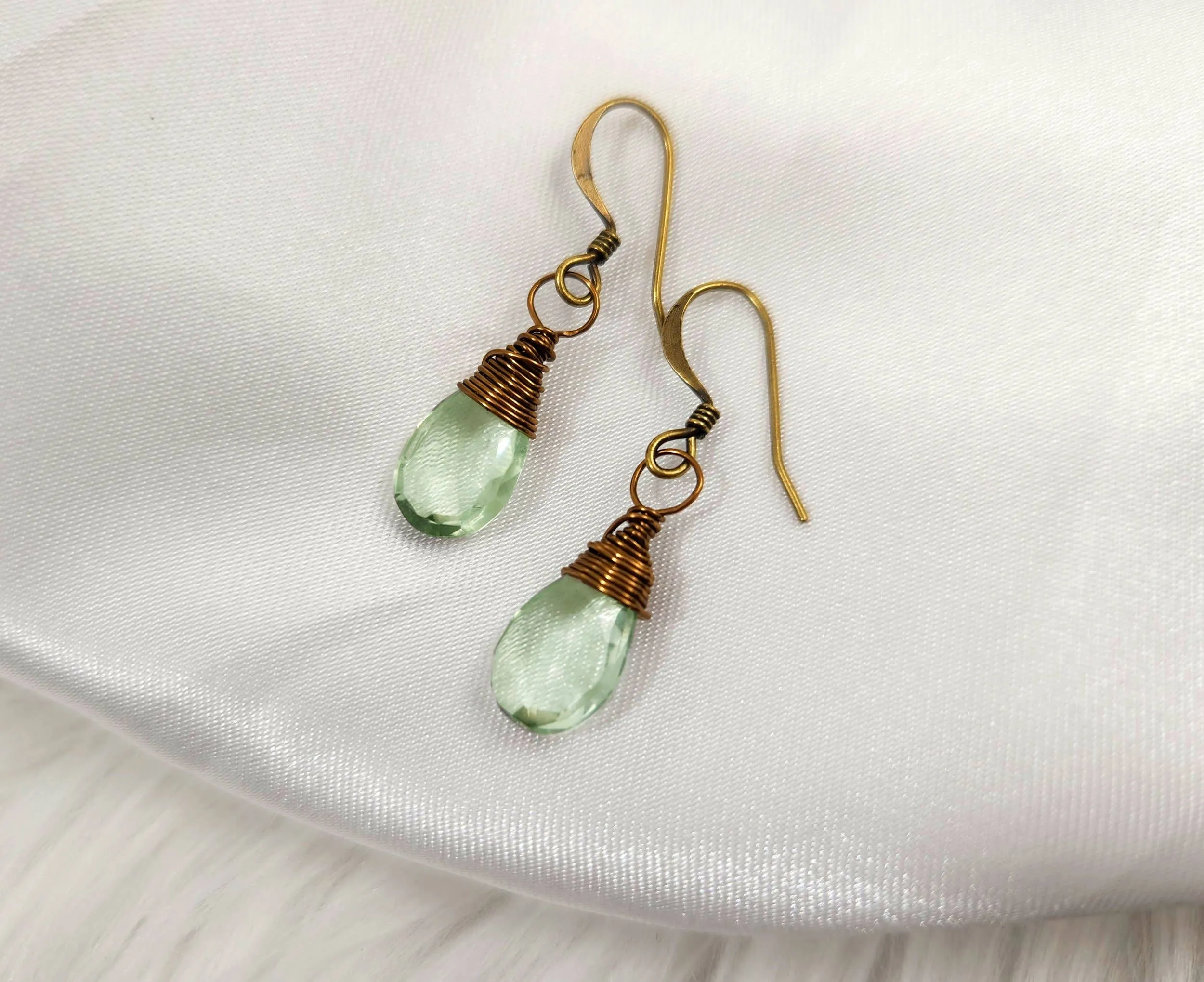 Green Amethyst Wire Wrapped Droplet Earrings