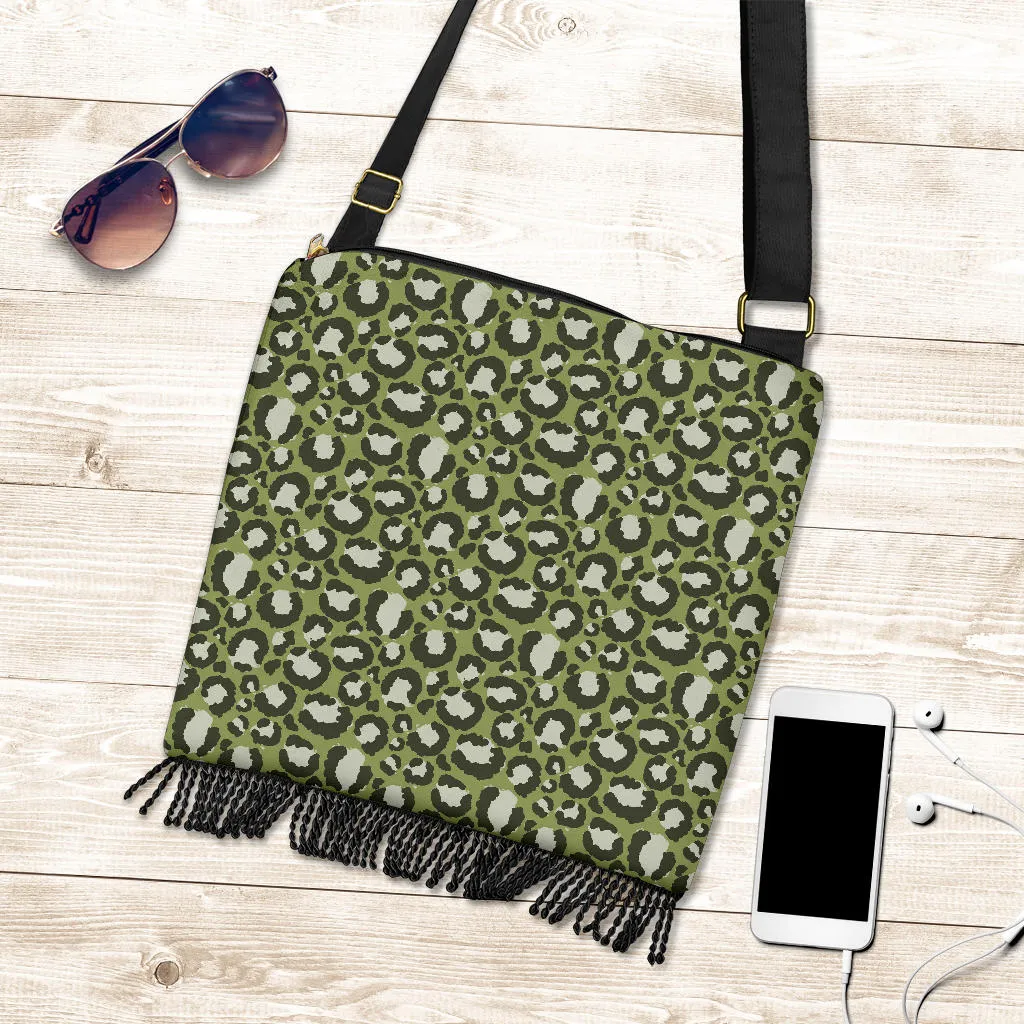 Green Leopard Print Boho Fringe Purse Crossbody Shoulder Bag