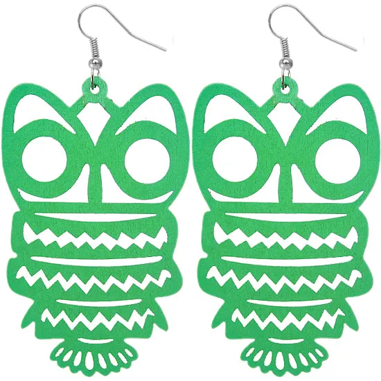 Green Wooden Hoot Owl Earrings