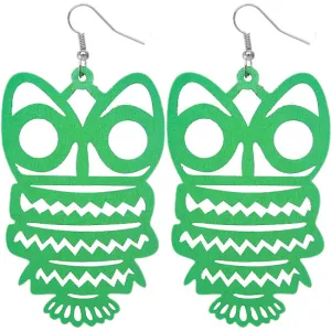 Green Wooden Hoot Owl Earrings