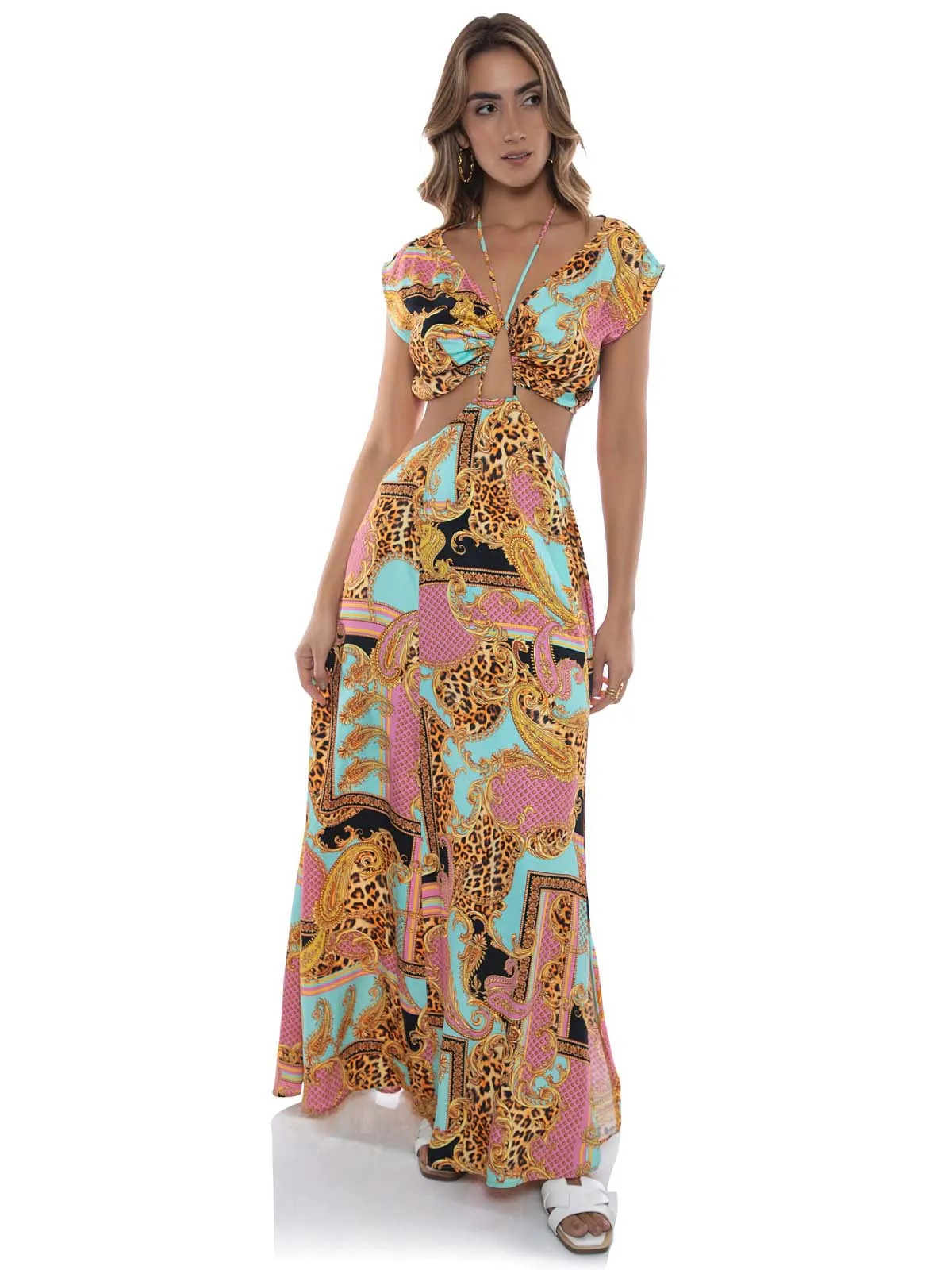 Halter Drawstring Cut Out Maxi Dress