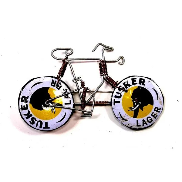 Hand-made Bicycle Pin From Recycled Wire and Beer Caps