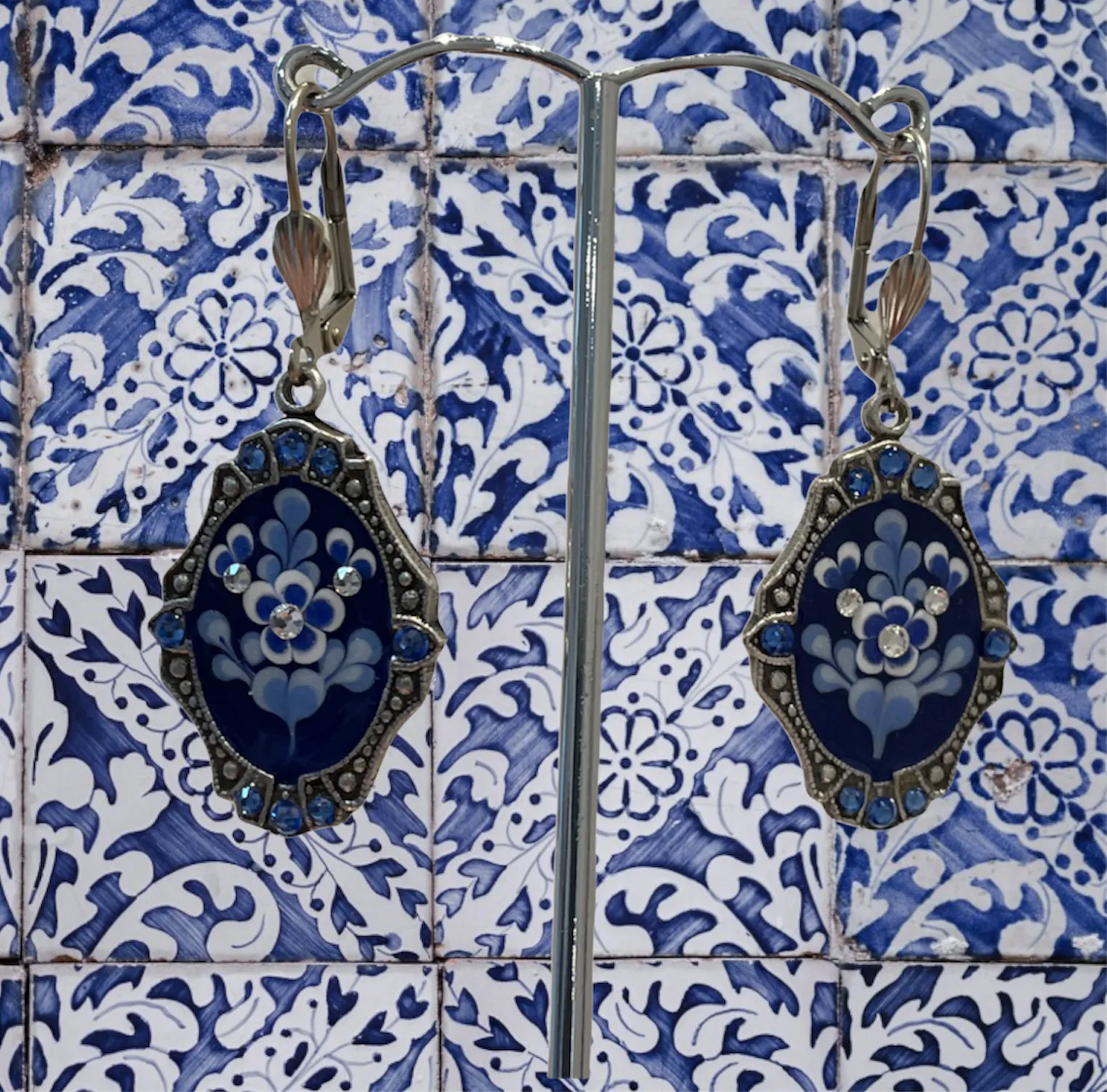 Handmade delft china handpainted enamel earrings with embedded crystal