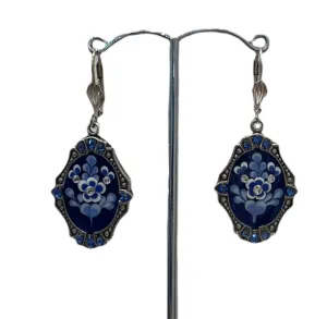 Handmade delft china handpainted enamel earrings with embedded crystal