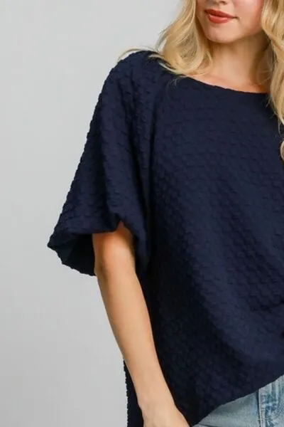Hazel Blues® | Umgee Boxy Cut Jacquard Round Neck Top with Side Slit