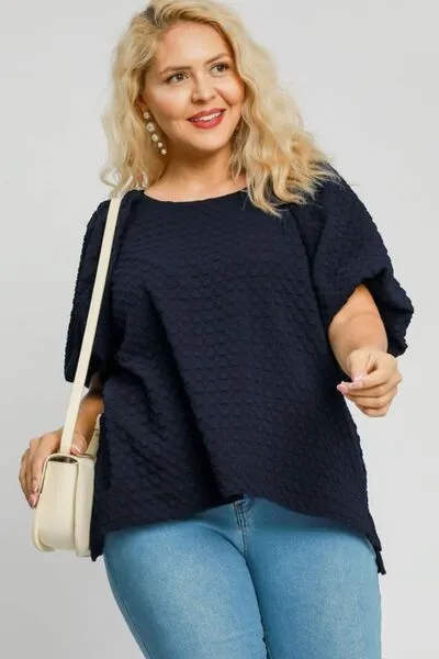 Hazel Blues® | Umgee Boxy Cut Jacquard Round Neck Top with Side Slit