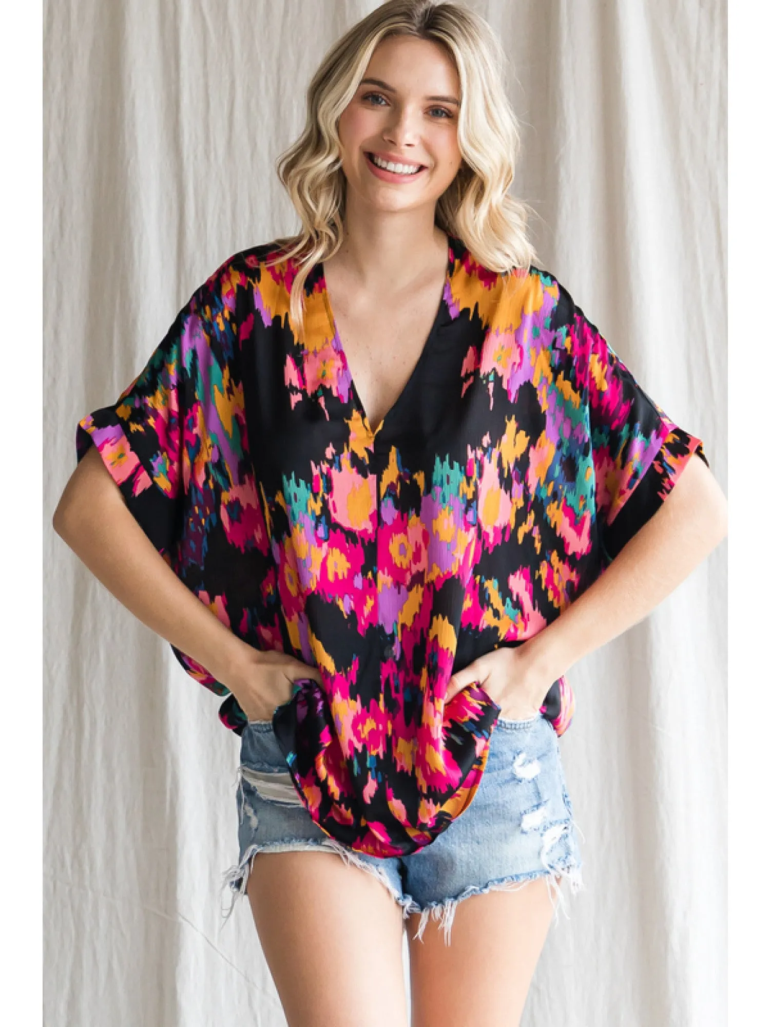 Helena Boxy V Neck Print Blouse