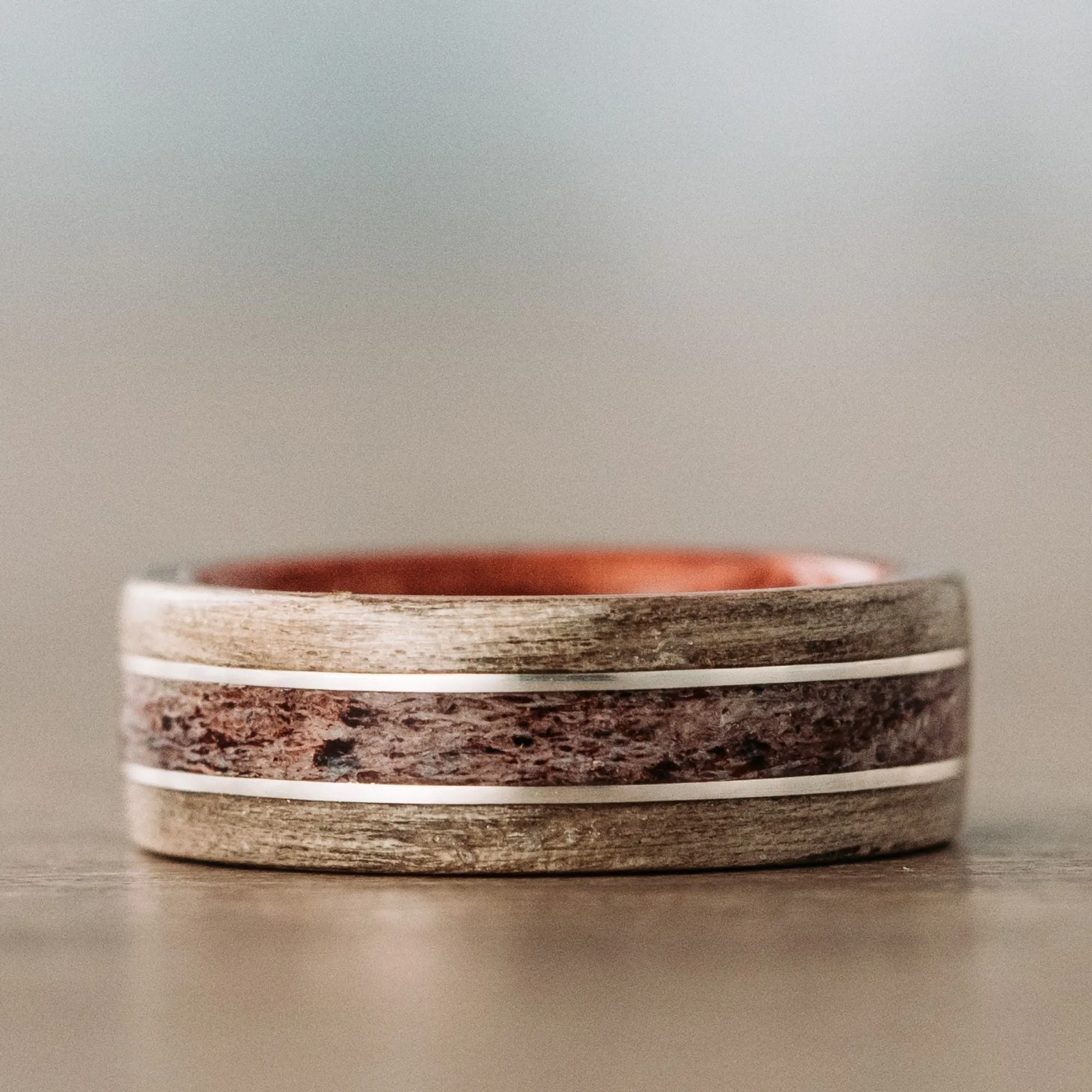 (In-Stock) Custom Louisiana Bogwood Wedding Band with Walnut Wood Liner, Elk Antler, & Dual Silver Inlays - Size 9.5 | 8mm Wide