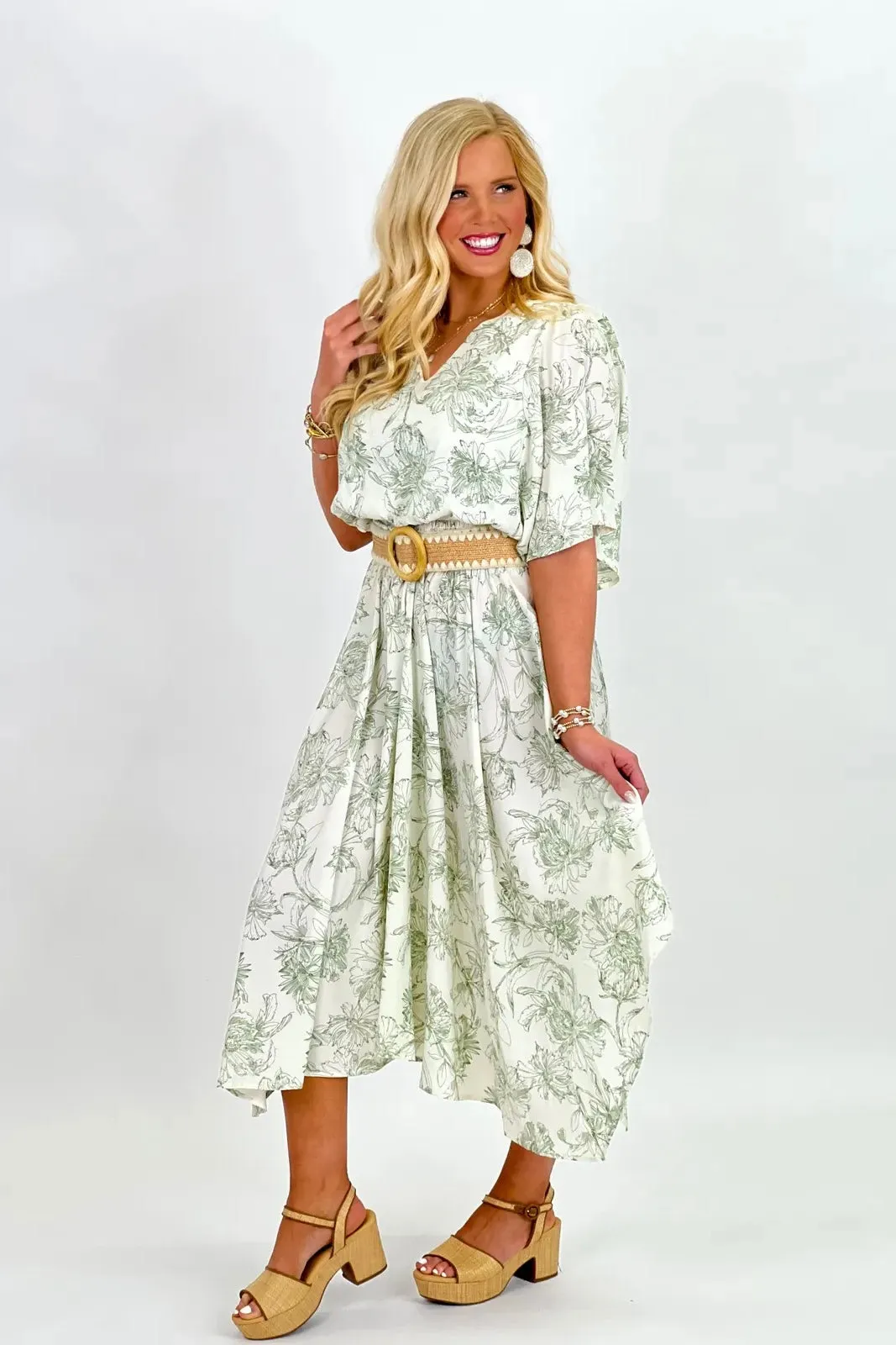 Ivory and Olive V-Neck Floral Print Midi Dress