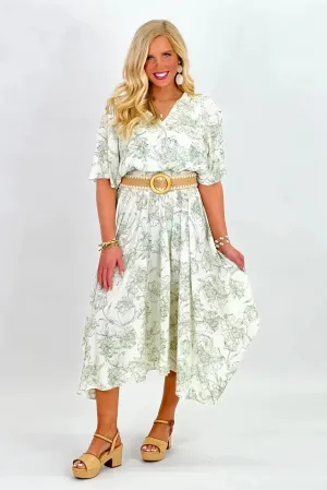 Ivory and Olive V-Neck Floral Print Midi Dress