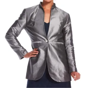 J. Peterman Totally Rational Jetset Blazer Silk Metallic Silver Sz 2 Unique