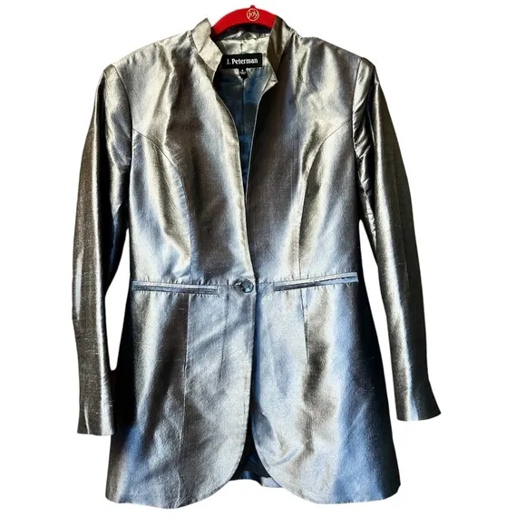 J. Peterman Totally Rational Jetset Blazer Silk Metallic Silver Sz 2 Unique