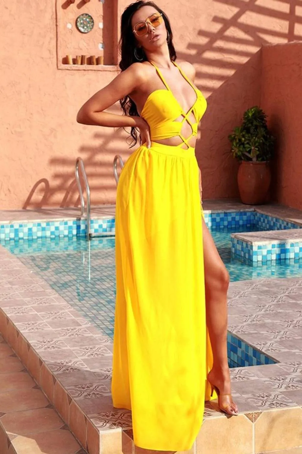 Jennifer Yellow Cut Out Cross Strap Bohemian Beach Maxi Dress
