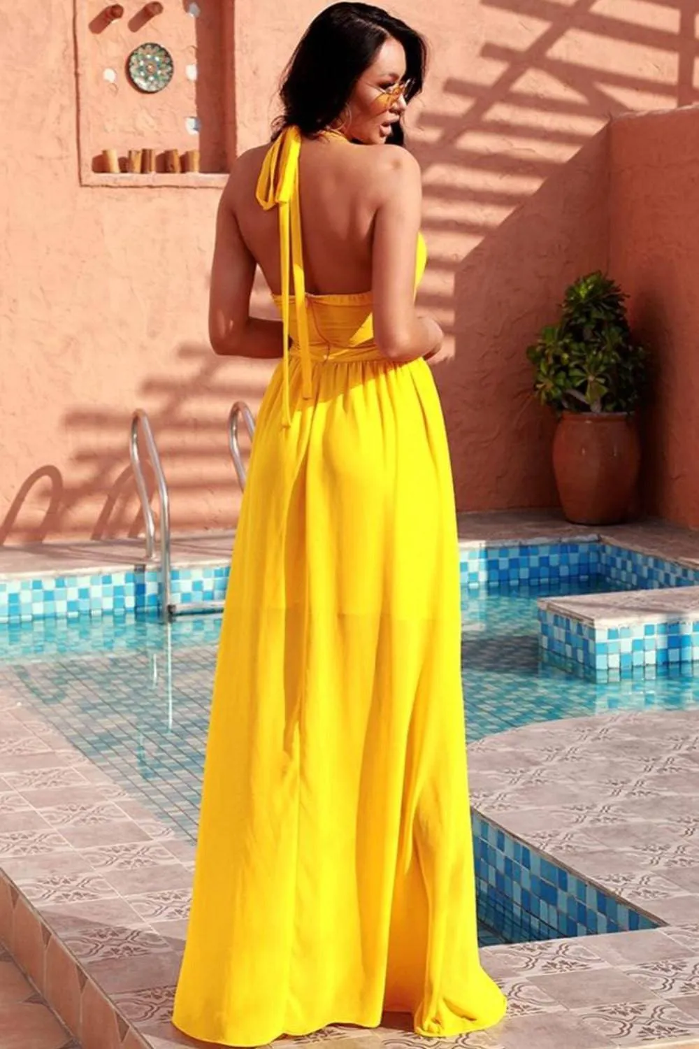 Jennifer Yellow Cut Out Cross Strap Bohemian Beach Maxi Dress