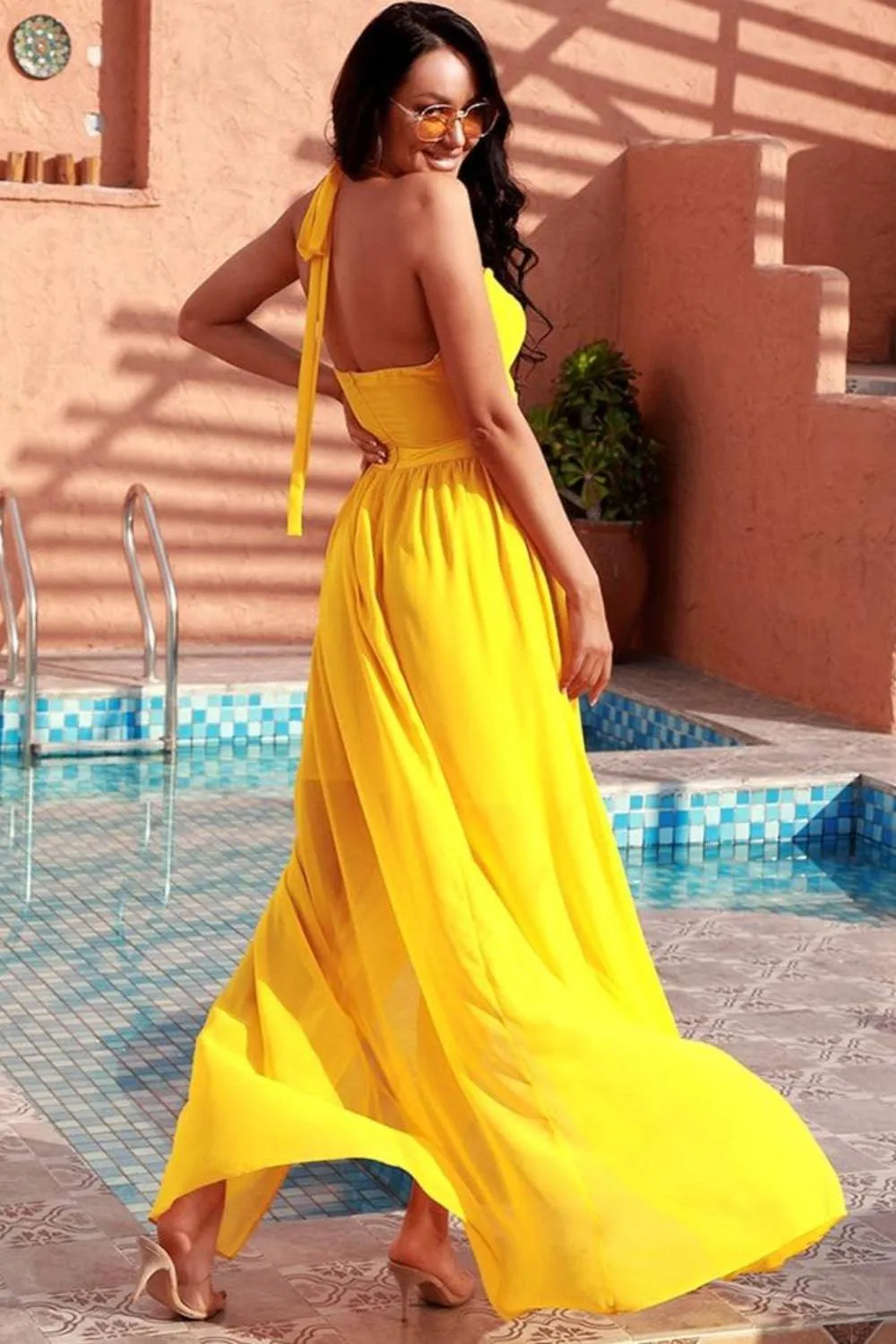 Jennifer Yellow Cut Out Cross Strap Bohemian Beach Maxi Dress