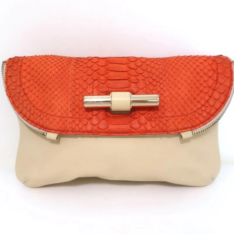 Jimmy Choo Flap Clutch Bicolor Beige Leather & Orange Snakeskin Small Bag